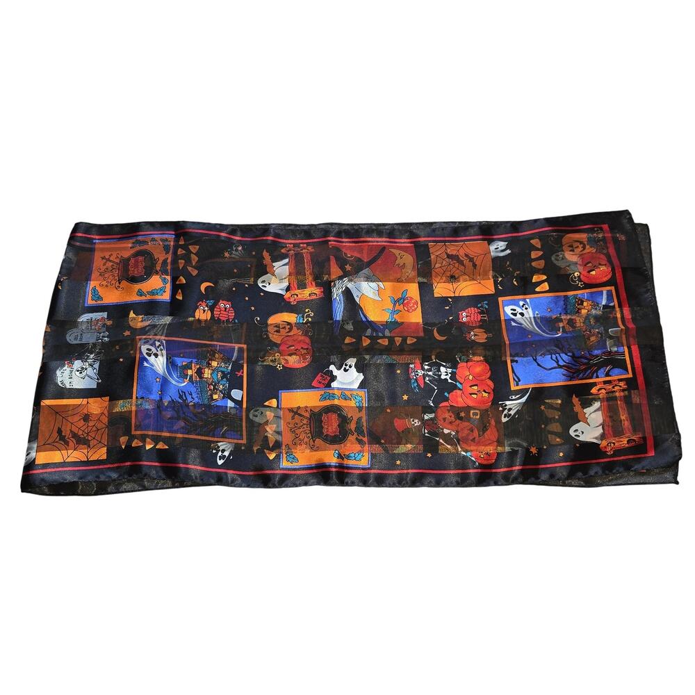 Vintage Halloween Sheer Scarf Table Runner Witch Ghost Pumpkin Haunted House
